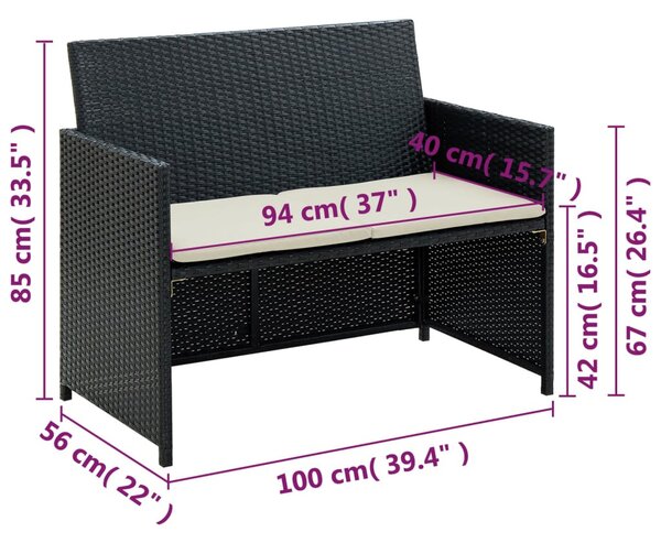 Fekete kétszemélyes polyrattan kerti kanapé párnákkal
