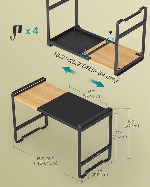 SONGMICS Bővíthető Mikrohullámú Sütő Polc (41,5–64 cm), Acél és Bambusz, 4 Akasztóval - Tinta Fekete