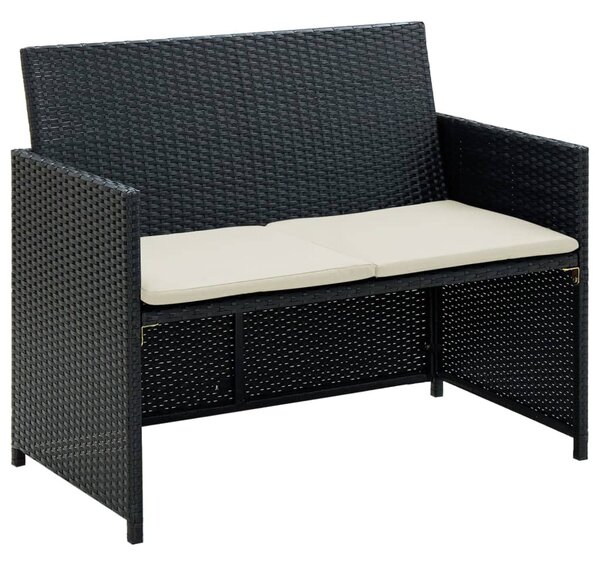 Fekete kétszemélyes polyrattan kerti kanapé párnákkal