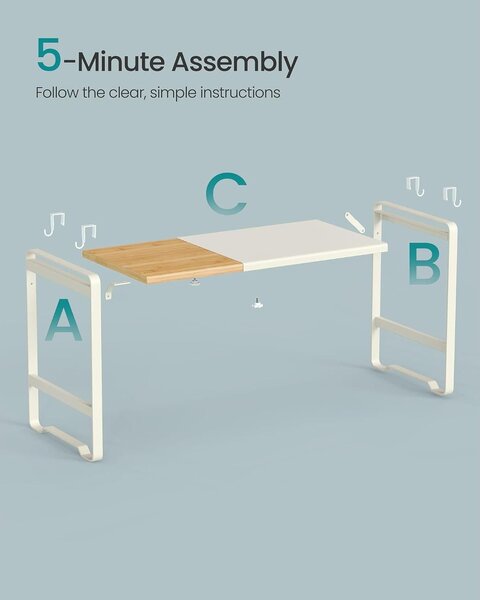 SONGMICS Bővíthető Mikrohullámú Sütő Polc (41,5–64 cm), Acél és Bambusz, 4 Akasztóval - Krémes Fehér