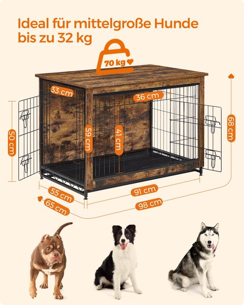 Feandrea 2 az 1-ben Kutyaketrec és Dohányzóasztal (max. 32 kg), Kivehető Tálcával, Barna-Fekete - DEGWOOD