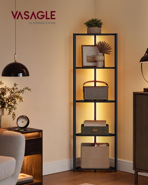 VASAGLE LED-es sarokpolc 5 szinttel, 7 színű világítással, fekete, 48 × 25 × 146,5 cm