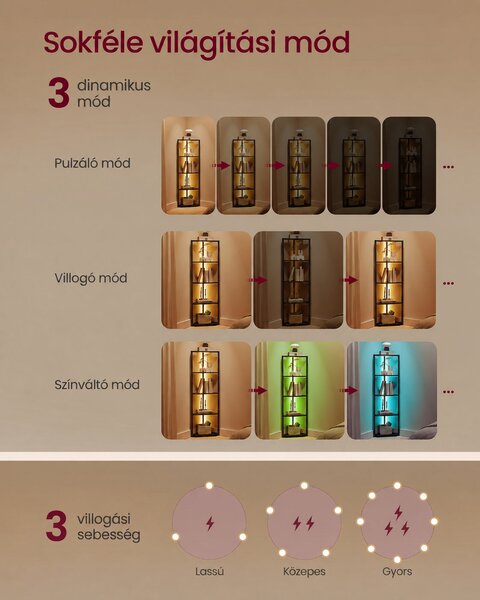VASAGLE LED-es sarokpolc 5 szinttel, 7 színű világítással, fekete, 48 × 25 × 146,5 cm