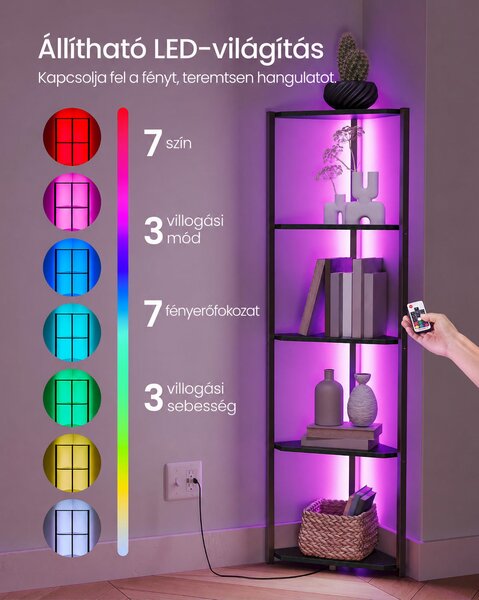 VASAGLE LED-es sarokpolc 5 szinttel, 7 színű világítással, fekete, 48 × 25 × 146,5 cm