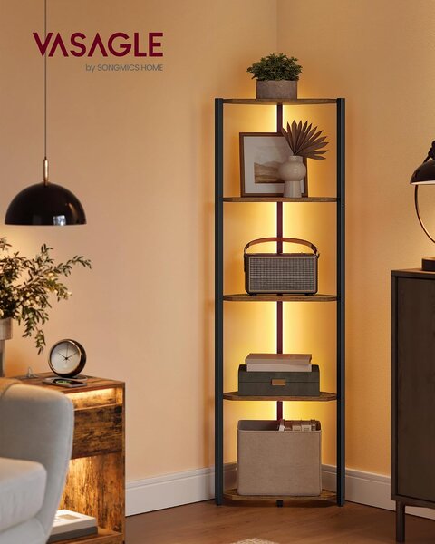 VASAGLE BARNET LED-es sarokpolc 5 szinttel, rusztikus barna-fekete, 48 × 24,8 × 146,6 cm