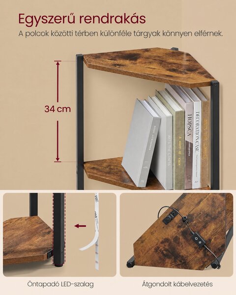 VASAGLE BARNET LED-es sarokpolc 5 szinttel, rusztikus barna-fekete, 48 × 24,8 × 146,6 cm