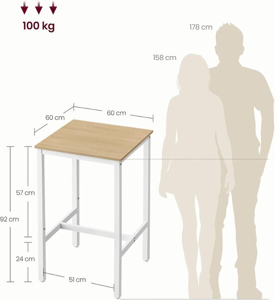 VASAGLE BARNET magas bárasztal lábtartóval, 60 × 60 × 92 cm, tölgybézs-fehér
