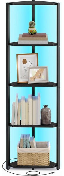 VASAGLE LED-es sarokpolc 5 szinttel, 7 színű világítással, fekete, 48 × 25 × 146,5 cm