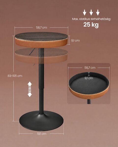 VASAGLE EKHO állítható magasságú bárasztal rejtett tárolóval, 83–105 cm, barna