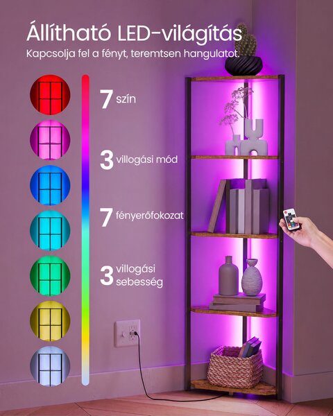 VASAGLE BARNET LED-es sarokpolc 5 szinttel, rusztikus barna-fekete, 48 × 24,8 × 146,6 cm