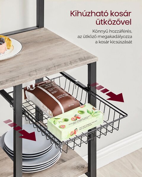VASAGLE BARNET konyhai tárolóállvány mágneses késtartóval és 12 akasztóval, 90 cm, szürkésbézs-fekete