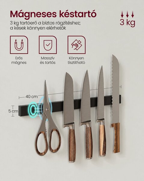VASAGLE BARNET konyhai tárolóállvány mágneses késtartóval és 12 akasztóval, 90 cm, szürkésbézs-fekete