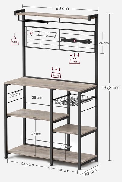 VASAGLE BARNET konyhai tárolóállvány mágneses késtartóval és 12 akasztóval, 90 cm, szürkésbézs-fekete