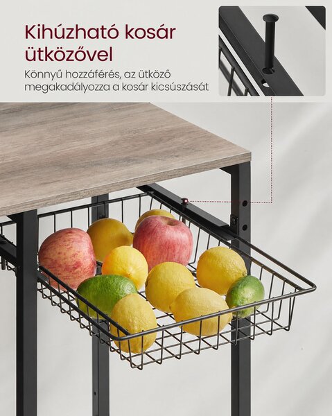 VASAGLE konyhai állvány 4 konnektorral, 8 akasztóval és kosárral, 90 cm, szürkésbézs-fekete