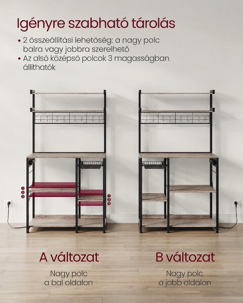 VASAGLE konyhai állvány 4 konnektorral, 8 akasztóval és kosárral, 90 cm, szürkésbézs-fekete