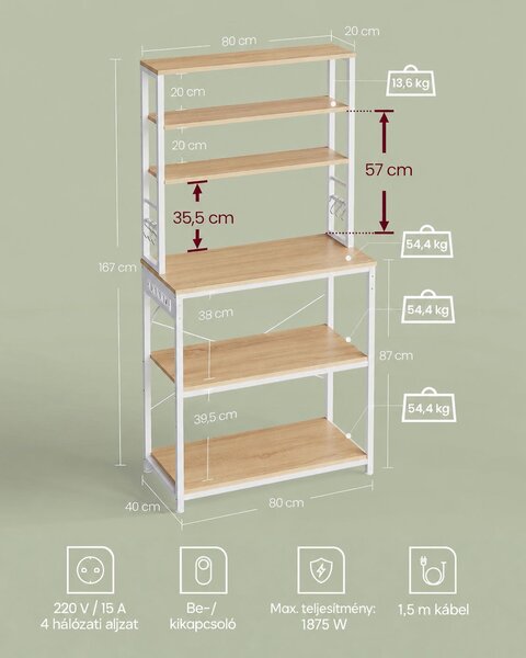VASAGLE BARNET konyhai állvány 4 konnektorral, 6 szinttel és 6 akasztóval, 80 cm