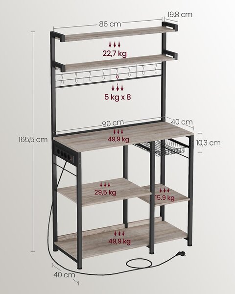 VASAGLE konyhai állvány 4 konnektorral, 8 akasztóval és kosárral, 90 cm, szürkésbézs-fekete
