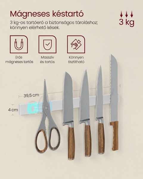 VASAGLE konyhai tárolóállvány mágneses késtartóval és 12 akasztóval, 90 cm, aranytölgy-fehér