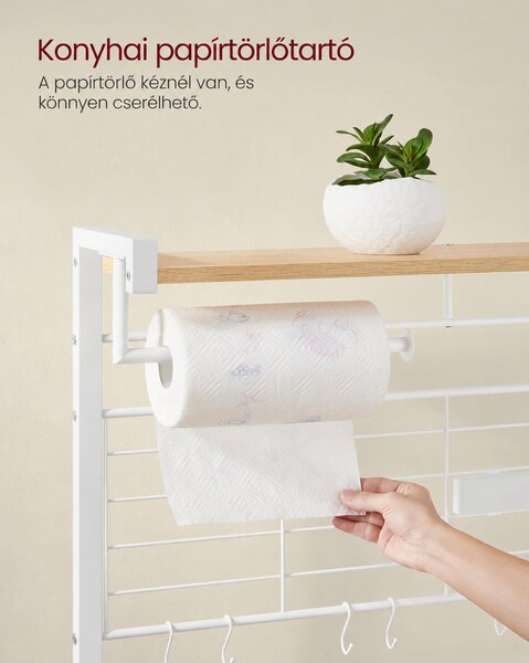 VASAGLE konyhai tárolóállvány mágneses késtartóval és 12 akasztóval, 90 cm, aranytölgy-fehér