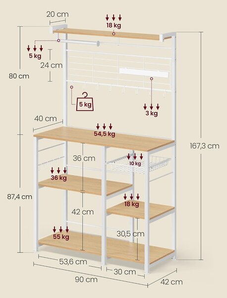 VASAGLE konyhai tárolóállvány mágneses késtartóval és 12 akasztóval, 90 cm, aranytölgy-fehér