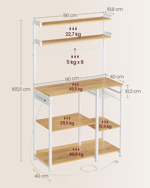 VASAGLE konyhai állvány 4 konnektorral, 8 akasztóval és fémkosárral, 90 cm, aranytölgy-fehér