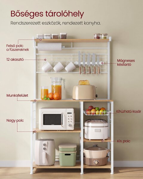 VASAGLE konyhai tárolóállvány mágneses késtartóval és 12 akasztóval, 90 cm, aranytölgy-fehér