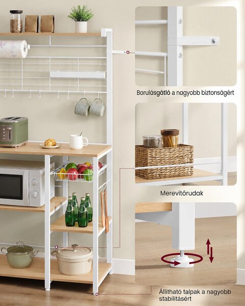 VASAGLE konyhai tárolóállvány mágneses késtartóval és 12 akasztóval, 90 cm, aranytölgy-fehér