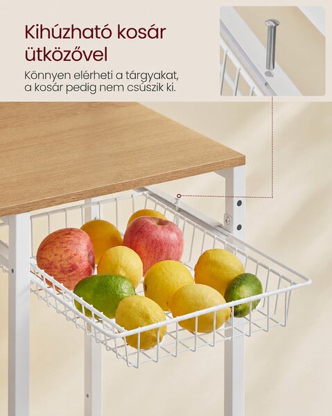 VASAGLE konyhai állvány 4 konnektorral, 8 akasztóval és fémkosárral, 90 cm, aranytölgy-fehér