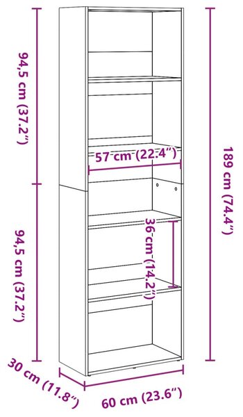 Antik fa színű szerelt fa könyvespolc 60 x 30 x 189 cm