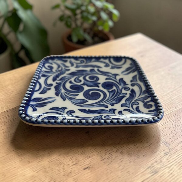 Portugál Kék Indák kisméretű kerámia kocka alakú tálka (10×1,5 cm)
