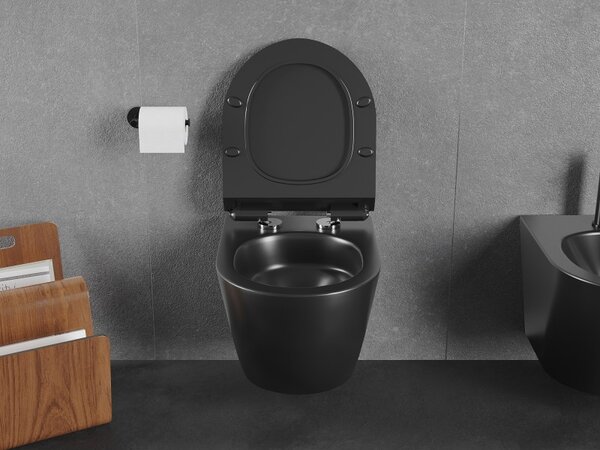 Mexen Lena, falra akasztható wc csésze 490x360x340 mm, Perem nélküli Tornado + duroplast wc ülőke, matt fekete, 30220185T
