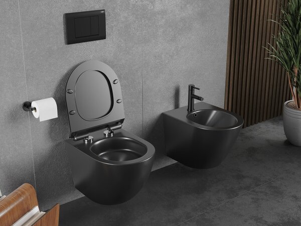 Mexen Lena, falra akasztható wc csésze 490x360x340 mm, Perem nélküli Tornado + duroplast wc ülőke, matt fekete, 30220185T
