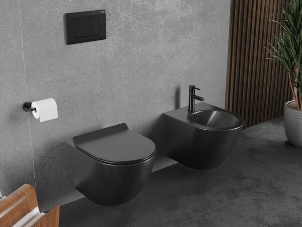 Mexen Lena, falra akasztható wc csésze 490x360x340 mm, Perem nélküli Tornado + duroplast wc ülőke, matt fekete, 30220185T