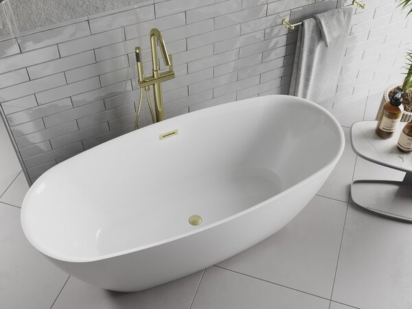 Mexen Luvo Slim, szabadon álló kád 170 × 75 cm, fényes fehér, matt arany túlfolyóval, 52801707500-55