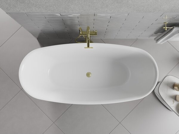 Mexen Luvo Slim, szabadon álló kád 170 × 75 cm, fényes fehér, matt arany túlfolyóval, 52801707500-55