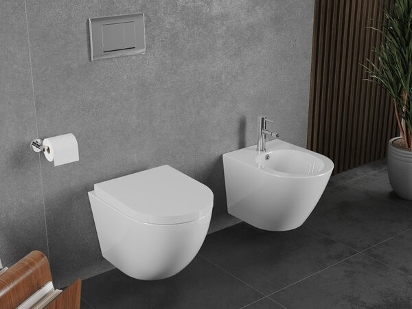 Mexen Lena, falra szerelhető wc csésze 490x360x340 mm, Perem nélküli Tornádo + duroplast wc ülőke, fehér fényes, 30220200T