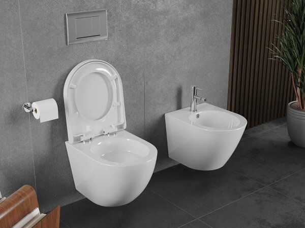 Mexen Lena, falra szerelhető wc csésze 490x360x340 mm, Perem nélküli Tornádo + duroplast wc ülőke, fehér fényes, 30220200T