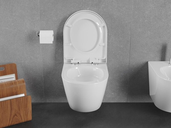 Mexen Lena, falra szerelhető wc csésze 490x360x340 mm, Perem nélküli Tornádo + duroplast wc ülőke, fehér fényes, 30220200T