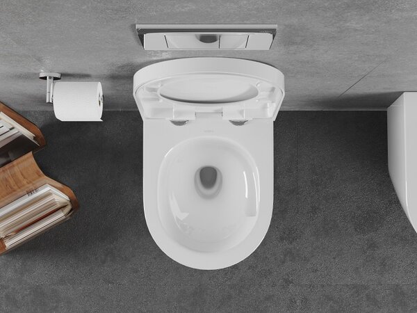 Mexen Lena, falra szerelhető wc csésze 490x360x340 mm, Perem nélküli Tornádo + duroplast wc ülőke, fehér fényes, 30220200T