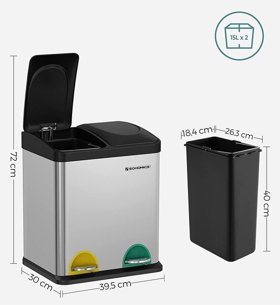 Szemétgyűjtő, szelektív hulladékgyűjtő, acél, 30 liter, 2 x 15l