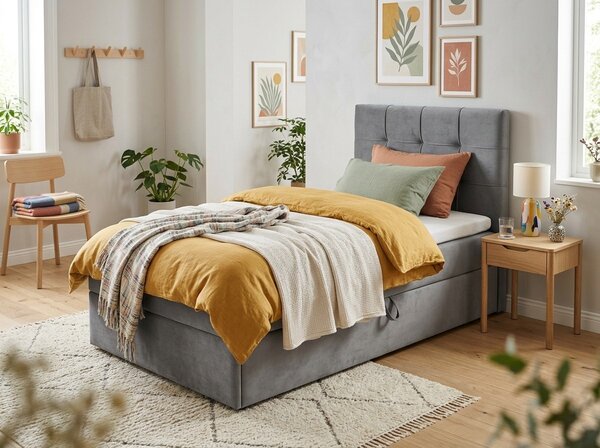 Kárpitozott boxspring ágy DIRELIS TRINITY 90x200 cm szürke Matrac: Bonell rugós matrac