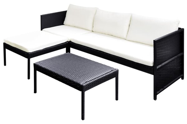 3 részes fekete polyrattan kerti bútorszett párnákkal