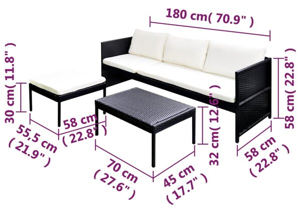 3 részes fekete polyrattan kerti bútorszett párnákkal