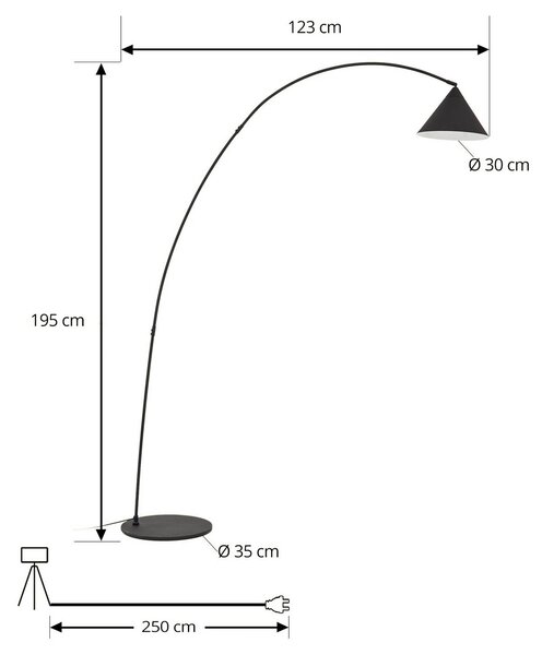 Lindby ívlámpa Triangolo, fekete, magasság 195 cm, fém E27, Fekete, Nappali / Étkező, fém, Modern