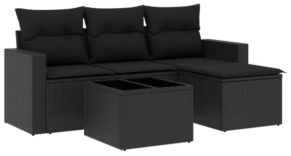 5 részes fekete polyrattan kerti kanapészett párnákkal