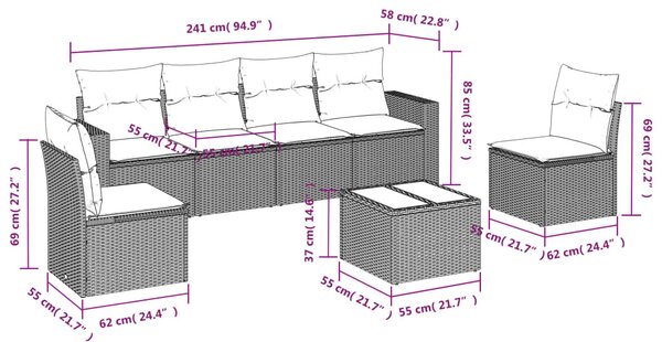 7 részes fekete polyrattan kerti ülőgarnitúra párnával