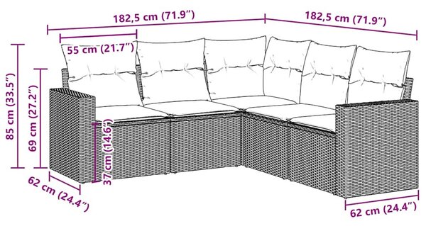 5 részes barna polyrattan kerti ülőgarnitúra párnával