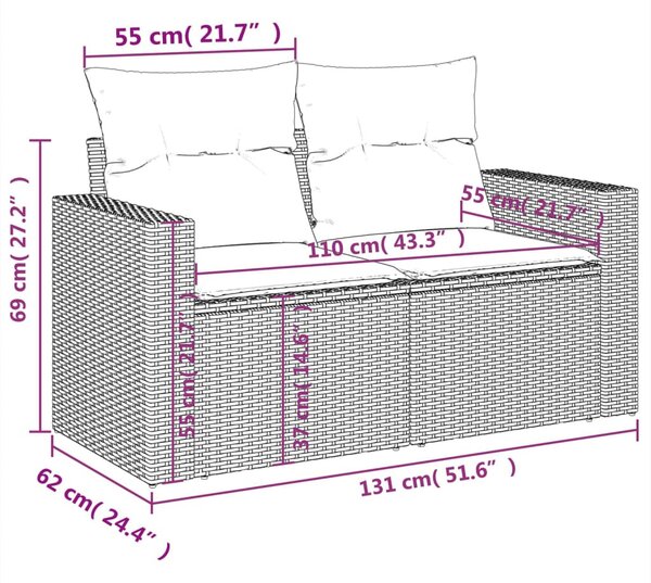 2 személyes szürke polyrattan kerti kanapé párnával
