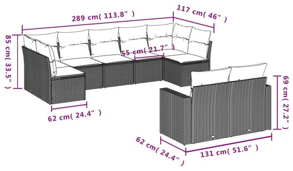 9 részes világosszürke polyrattan kerti ülőgarnitúra párnával