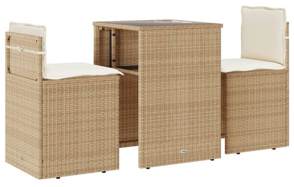 3 részes bézs polyrattan bisztrógarnitúra párnával
